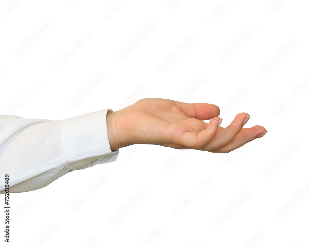 A hand in a white shirt holds something on transparent background A hand in a white shirt holds something on transparent background