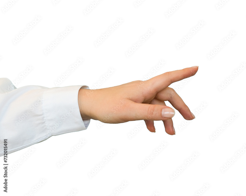 A hand in a white shirt points or touch with a finger on transparent background