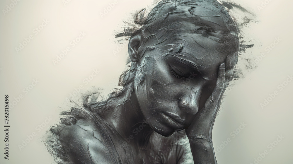 Artistic representation of a woman struggling with chronic depression - Abstract sculpture dark stone