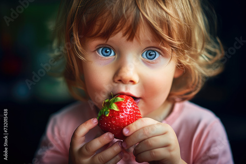 Young girl in grand mas garden, eating, fresh strawberry photo