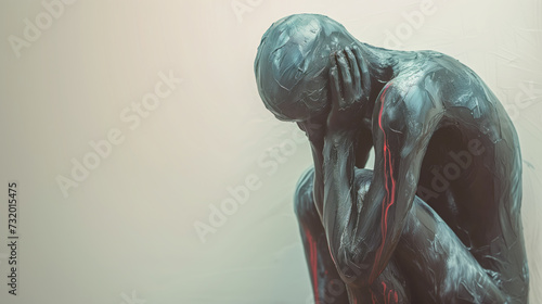 Statue of a man sitting in fetal position with space room for copy photo