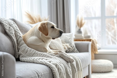 Modern living room interior. Cute Golden Labrador Retriever on couch.