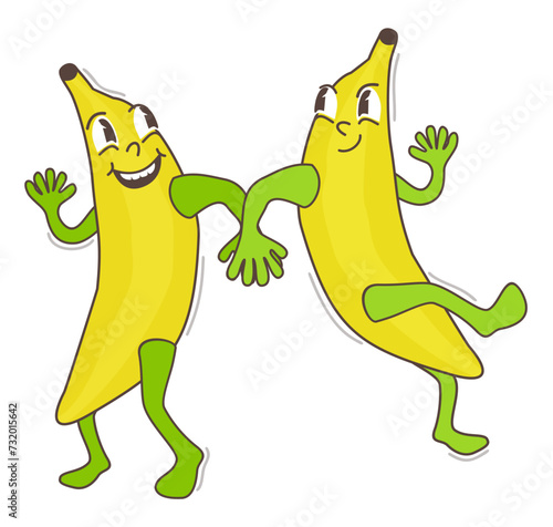 Two joyful bananas dancing. Vector groovy isolated illustration. Retro cartoon