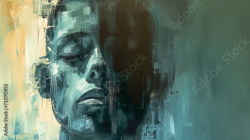 Face of a man between blue light and shadow - Artistic abstract surreal painting of bipolar disorder and mental health issues - Life on the edge with a glimpse of hope photo