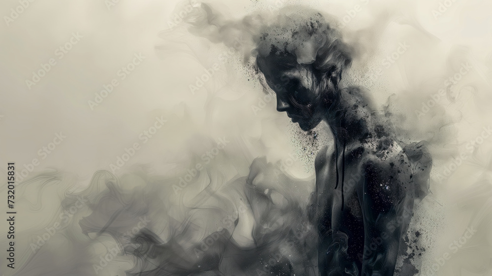 Abstract Figure of a Woman Dissolving into Smoke - Identity Crisis concept Poster with Copy Space Abstract Figure of a Woman Dissolving into Smoke - Identity Crisis concept Poster with Copy Space