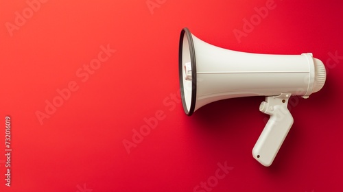 A white megaphone on a red background with space to copy. The loudspeaker. AI.