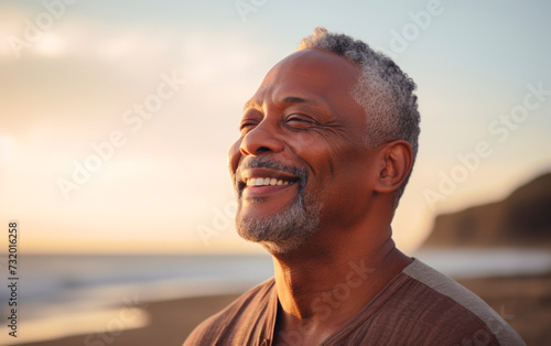 Senior African American man enjoying a sunny day at the beach. Copy space. AI generative