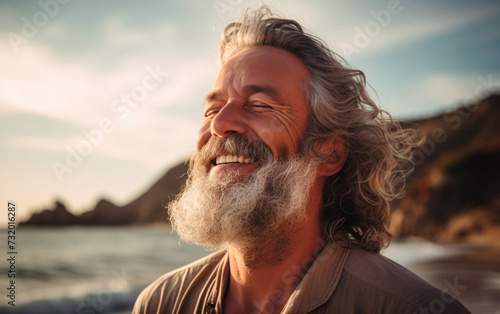 Mature man enjoying a sunny day at the beach. Copy space. AI generative © Formatoriginal
