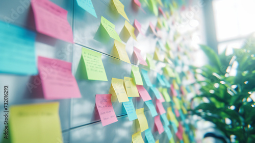 Creative Office Wall with Colorful Sticky Notes  Concept for Brainstorming and Planning