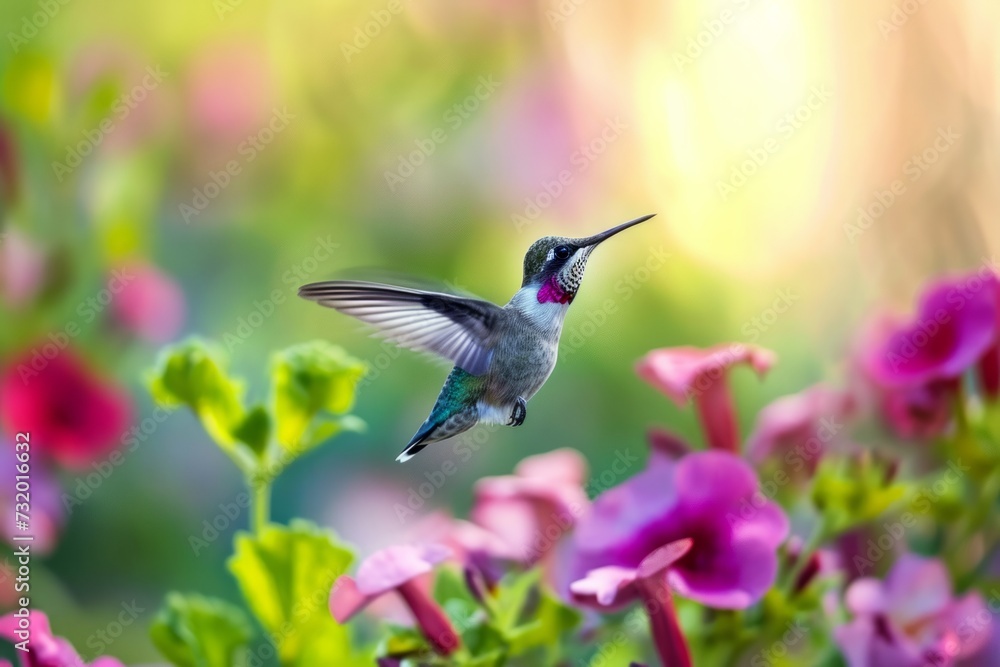 Tiny hummingbird hovering in bright summer Tiny hummingbird hovering in bright summer