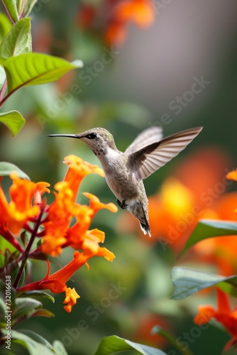 Tiny hummingbird hovering in bright summer photo