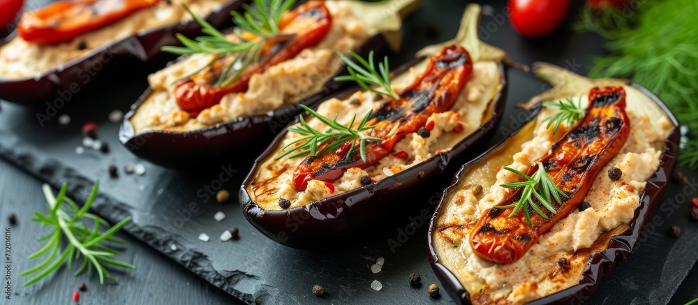 A mouthwatering dish featuring stuffed eggplant with tomatoes, perfect as a flavorful and nutritious finger food. Delight your taste buds with this enticing recipe! A mouthwatering dish featuring stuffed eggplant with tomatoes, perfect as a flavorful and nutritious finger food. Delight your taste buds with this enticing recipe!