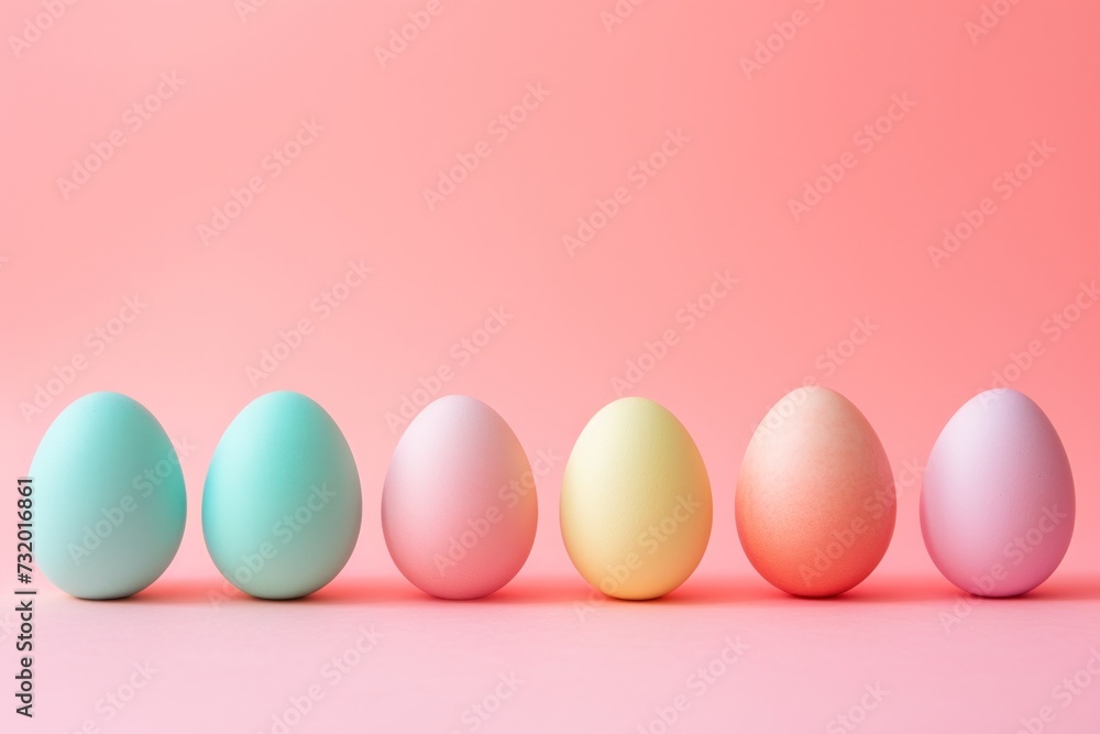 A row of soft pastel-colored eggs on a pastel pink background. A row of soft pastel-colored eggs on a pastel pink background.