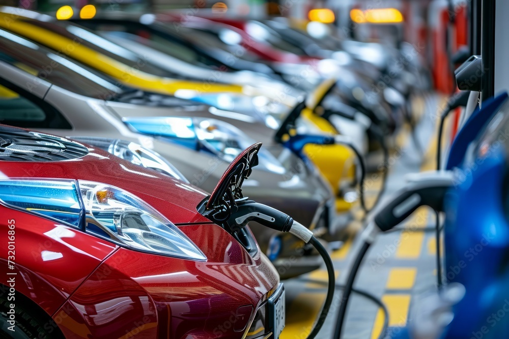 A row of electric cars at a public charging station A row of electric cars at a public charging station