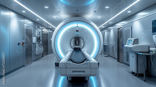 3d rendering MRI scan machine or magnetic resonance imaging scan device. Computed tomography or computed axial tomography scan machine in hospital room.