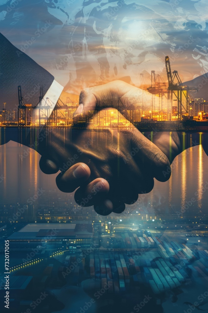 Concept of international business logistics and teamwork, double exposure of a partnership handshake with import-export - obrazy, fototapety, plakaty 