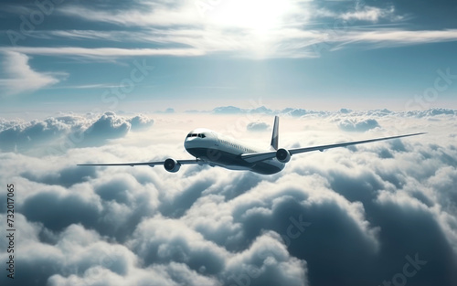 A plane in the clouds in close-up. The airbus is flying in the air. An air vehicle with two engines on an isolated background of clouds in the sky.