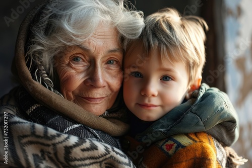 The photograph encapsulates the warmth and happiness of family life, with a focus on the bond between a grandmother and her grandson.