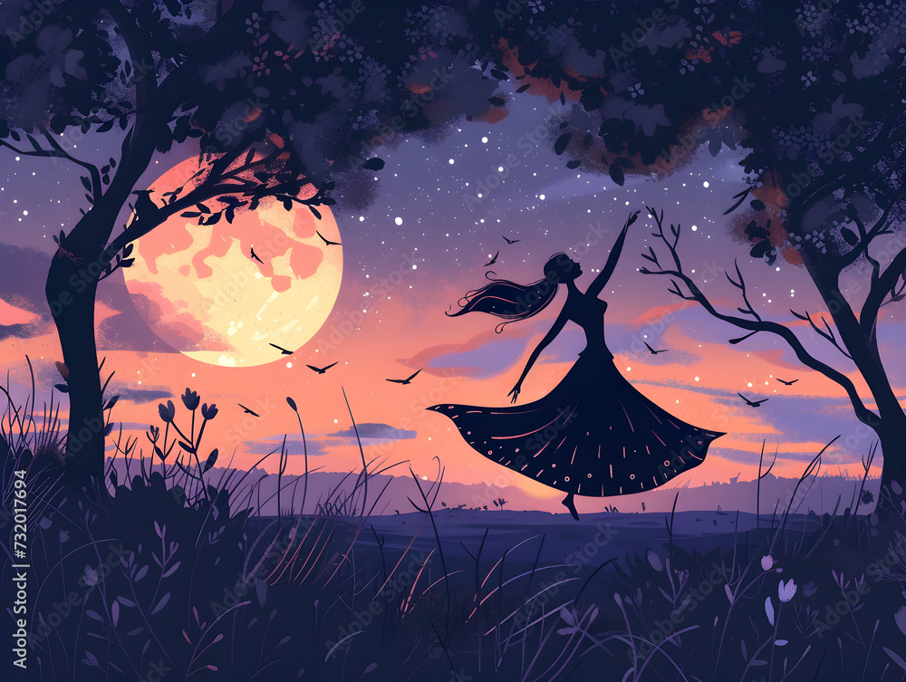 Enchanted Evening Dance Under Full Moon: Solitary Figure's Twilight Whimsy Against Starry Sky, Sunset Hues - Concept of Freedom, Fantasy & Serenity