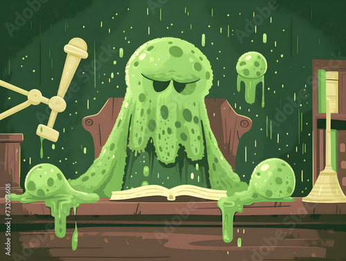 Whimsical Justice Concept with Green Slime Monster Judge at Desk, Multieyed Creature with Gavel and Open Book, Illuminated by Vintage Brass Lamp - Fantasy Authority photo