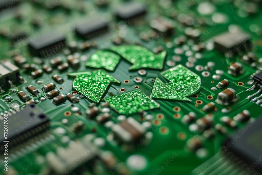 The concept of green technology, a green recycle symbol on a circuit board representing technological innovations, environmental green technology, and green computing