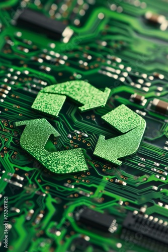 The concept of green technology, a green recycle symbol on a circuit board representing technological innovations, environmental green technology, and green computing