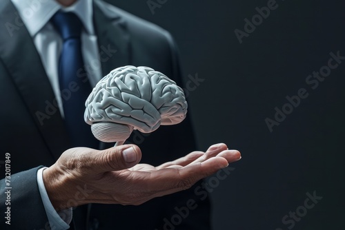 A businessman holding an image of a human brain in his hand