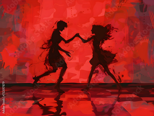 Playful Children Silhouette Tag Game with Paint Splashes on Vibrant Red Gradient - Concept of Joyful Freedom & Childhood Innocence
