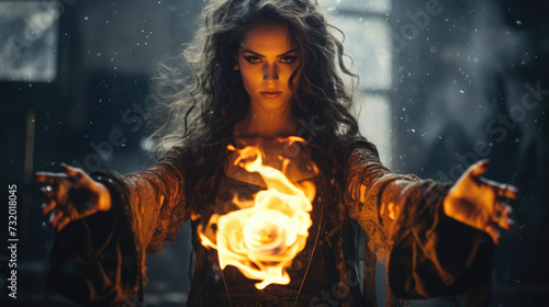 Powerful dangerous evil witch lady dance doing fire spell,  projecting a mystical, supernatural vibe , with power and mystery 