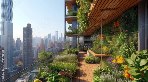 A trend blending nature with city life, showcasing rooftop gardens, balcony planters, and community green spaces in bustling cities