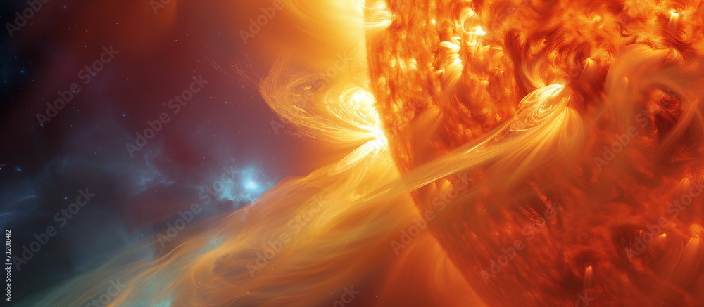 Solar flash, explosion, mass ejection. Burning sun and space. Magnetic storm cause, solar winds and waves. Sun's corona. - obrazy, fototapety, plakaty 