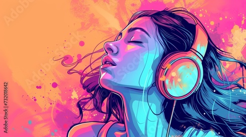 Woman in headphones listening music and enjoing photo