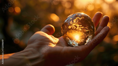 Male hand closeup holding a small crystal world ball with the European continent on an out of focus background. Concept of protection and care of our planet. Ai generated