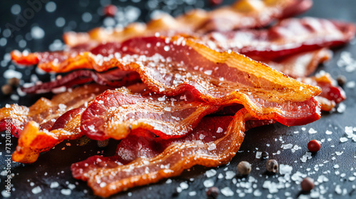 Delicious crispy bacon strips in a pan, highlighting the savory taste of breakfast cuisine photo