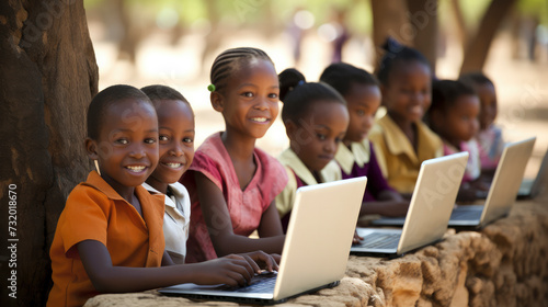 African school children using laptops