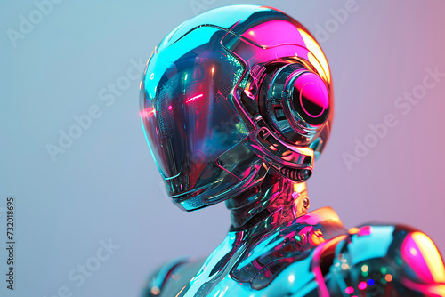 A robotic with a clear skull full of electronic circuits overlooks a futuristic urban scene. A translucent neon android robot stands Futuristic illustration.