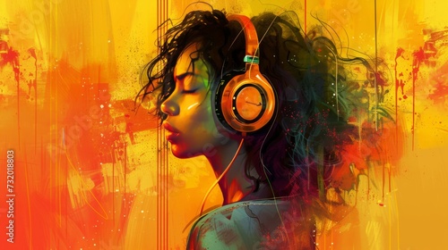 Woman in headphones listening music and enjoing photo