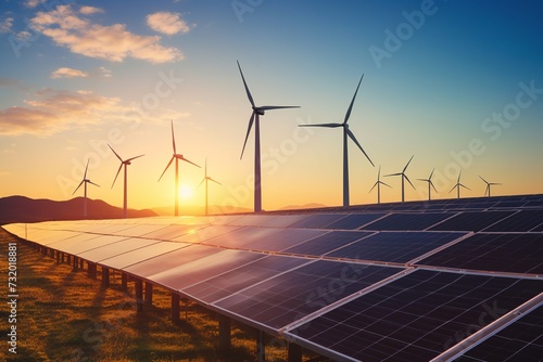 Solar photovoltaic panels and wind turbines. Wind turbines and solar panels at sunset. renewable energy concept.