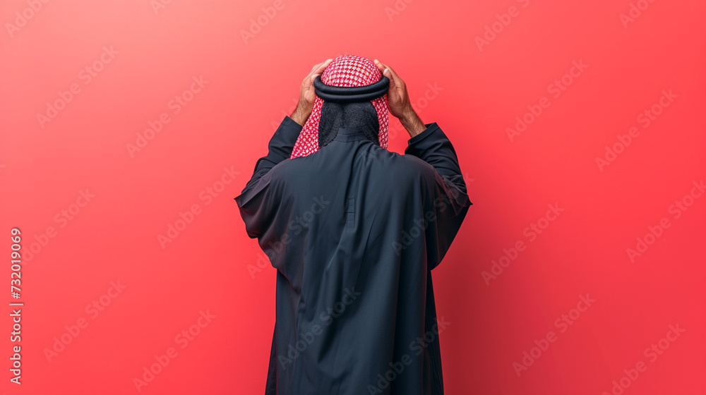 Shadows of Fear: Man in Islamic Thobe Conveying Fear and Anxiety, Isolated Against Solid Background with Copy Space