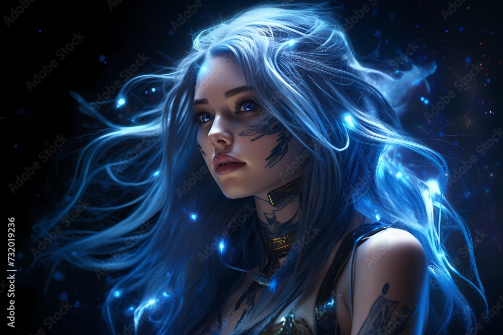 Sci-fi enchantress with mesmerizing holographic makeup, fine line textures enhancing her features, and long, shiny blue hair flowing dynamically in sharp resolution.