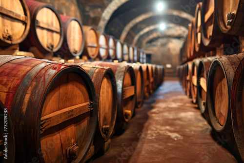 Oak barrels in a winery or cellar Vintage Barrels and Casks in Old Cellar, Winery's Perfect Storage , Delicious Wine.