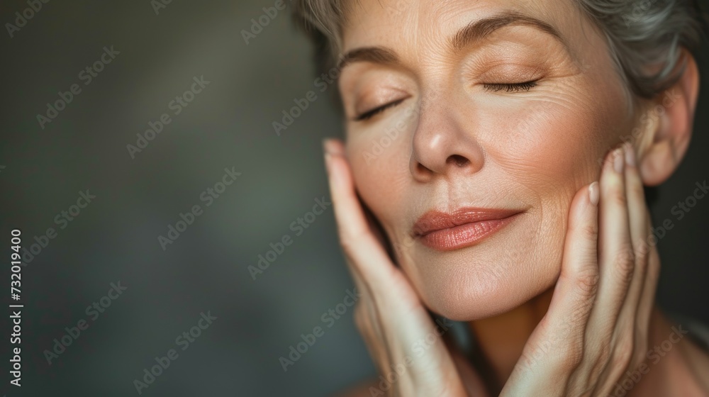 Portrait close up of mid aged woman with close eyes touching her face, menopause. Caring for your skin in menopause. Estrogens and aging skin. Advertising facial anti age products, tighten skin Portrait close up of mid aged woman with close eyes touching her face, menopause. Caring for your skin in menopause. Estrogens and aging skin. Advertising facial anti age products, tighten skin