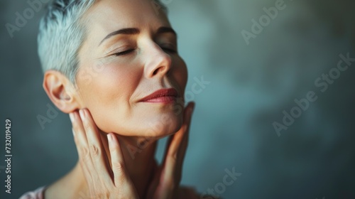 Portrait close up of mid aged woman with close eyes touching her face, menopause. Caring for your skin in menopause. Estrogens and aging skin. Advertising facial anti age products, tighten skin photo