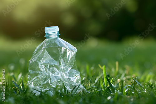 The PET bottle which is rolling on the lawn Recycling, garbage disposal, environment and ecology concept. Used dirty plastic bottle in the green forest in spring.