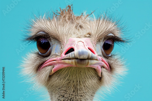 Portrait of a funny ostrich looking straight at the camera. Head of an ostrich close-up.