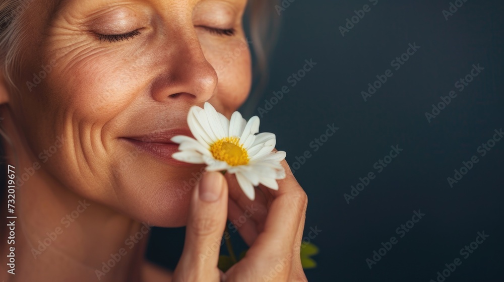 Cropped image of beautiful mid aged woman posing with flower. Concept of menopause. Caring for your skin in menopause. Estrogens and aging skin. Advertising facial anti age products, tighten skin Cropped image of beautiful mid aged woman posing with flower. Concept of menopause. Caring for your skin in menopause. Estrogens and aging skin. Advertising facial anti age products, tighten skin