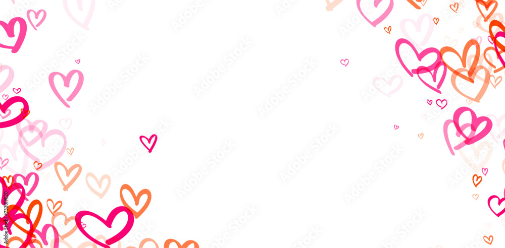 panoramic view with a whimsical array of hearts in varying shades of pink