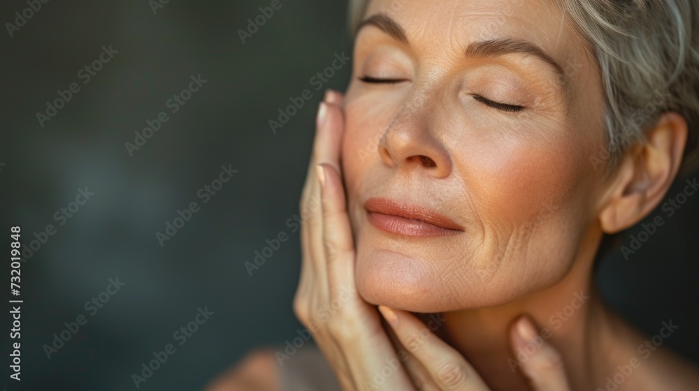 Portrait close up of mid aged woman with close eyes touching her face, menopause. Caring for your skin in menopause. Estrogens and aging skin. Advertising facial anti age products, tighten skin Portrait close up of mid aged woman with close eyes touching her face, menopause. Caring for your skin in menopause. Estrogens and aging skin. Advertising facial anti age products, tighten skin