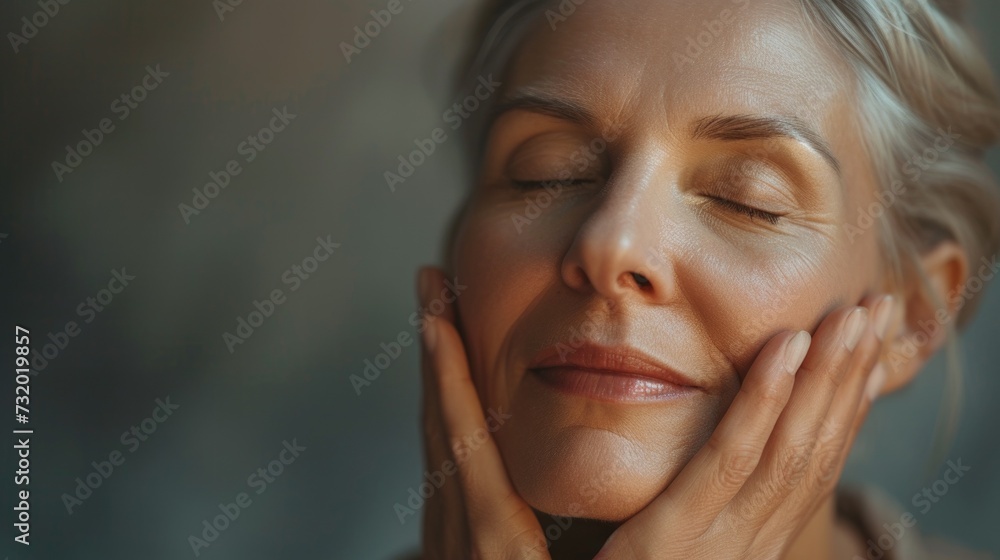 Portrait close up of mid aged woman with close eyes touching her face, menopause. Caring for your skin in menopause. Estrogens and aging skin. Advertising facial anti age products, tighten skin Portrait close up of mid aged woman with close eyes touching her face, menopause. Caring for your skin in menopause. Estrogens and aging skin. Advertising facial anti age products, tighten skin