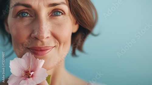 Cropped image of beautiful mid aged woman posing with flower. Concept of menopause. Caring for your skin in menopause. Estrogens and aging skin. Advertising facial anti age products, tighten skin 